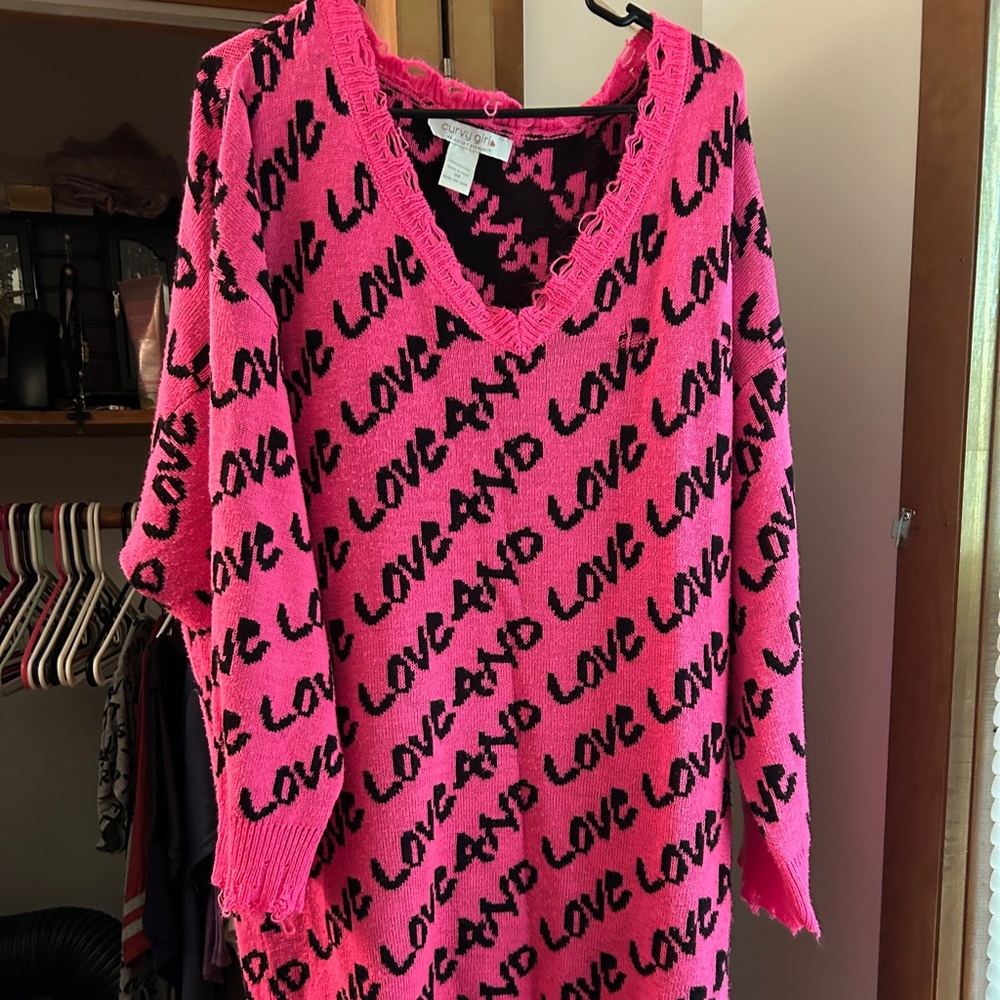 Unbranded Hot Pink 'LOVE' Long Sleeve V-Neck Dress